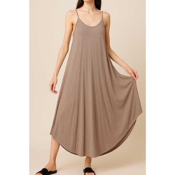 Taupe Flowy Maxi Dress – Spaghetti Strap – Boho/Resort Style - Picture 1 of 6